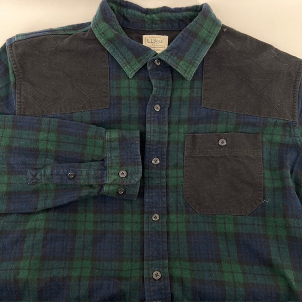 LL Bean Blackwatch Flannel Shirt Slightly Fitted Mens L Plaid Shoulder Patches